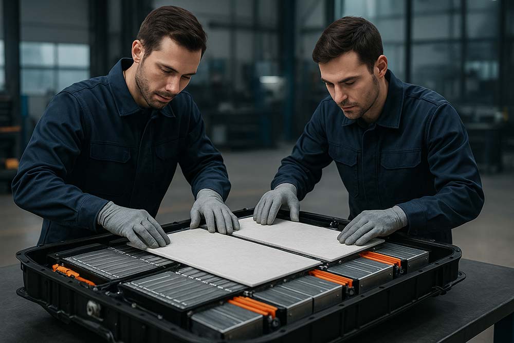 Two technicians fit insulation panels into an open EV battery pack.