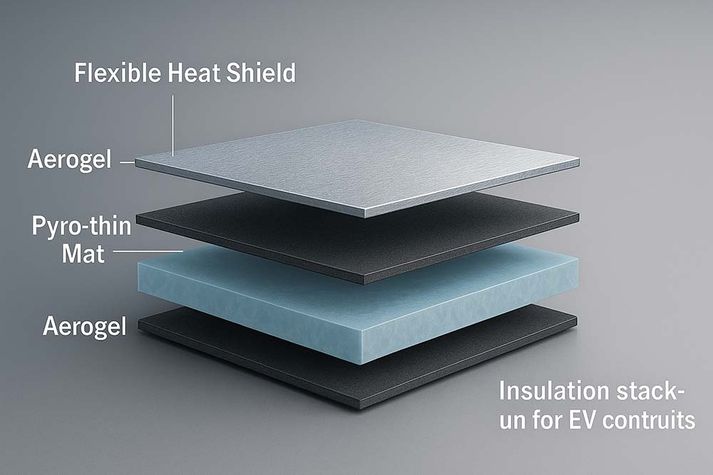 Cross-section showing Aerogel, Pyro-thin Mat, Flexible Heat Shield layers