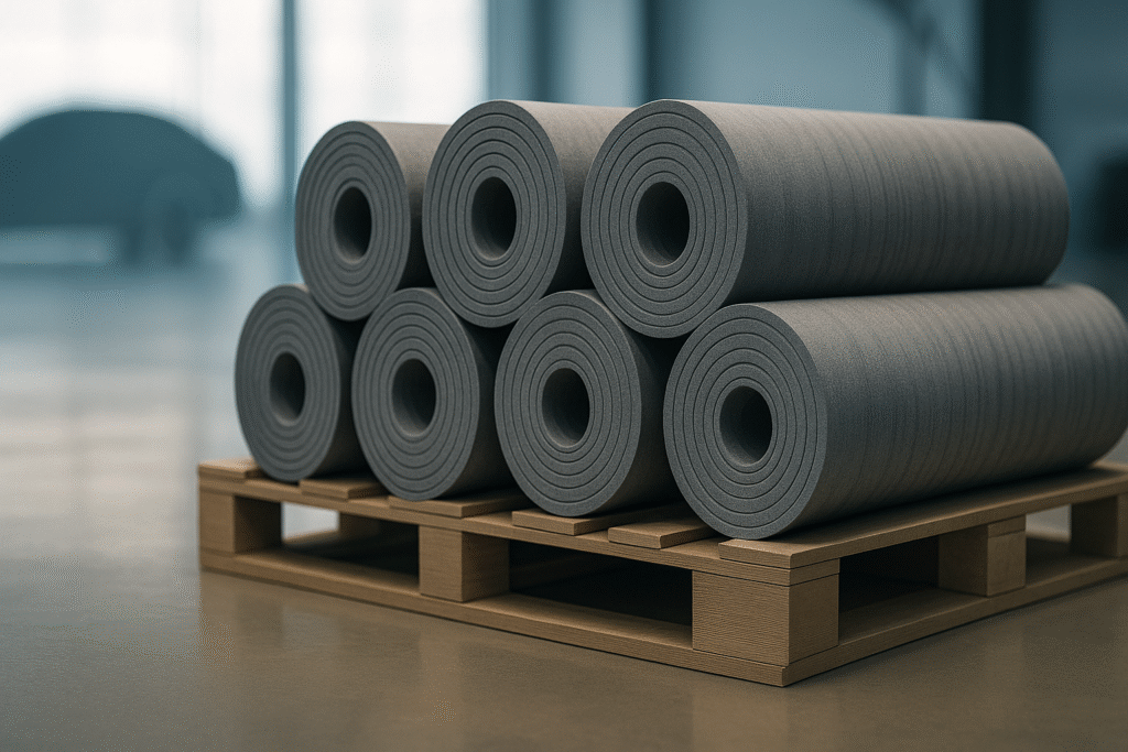 Stacked insulation rolls on pallet inside PBM manufacturing facility