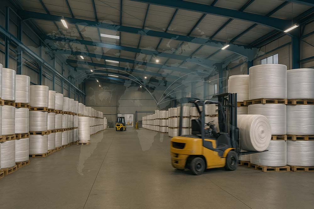 PBM insulation warehouse with forklifts and global export connections.