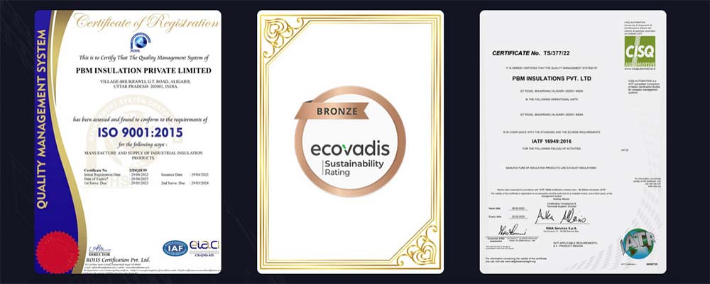 PBM insulation ISO, IATF, and Ecovadis certification documents displayed together