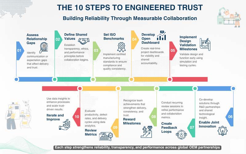 Infographic illustrating ten engineering steps for OEM partnership reliability.