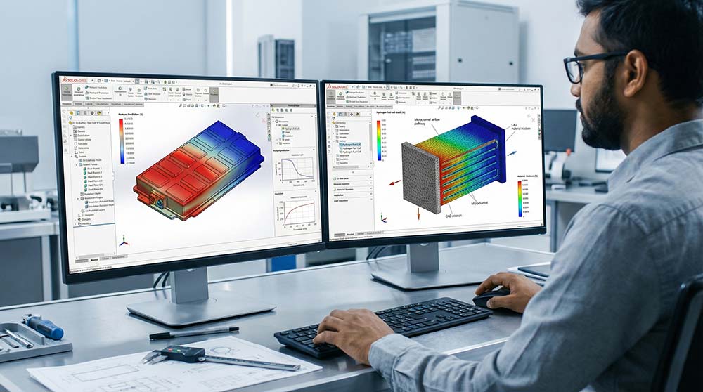 Engineer analysing EV and hydrogen heat flow through simulation tools