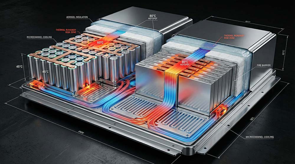 Heat distribution across EV battery cells with insulation layers