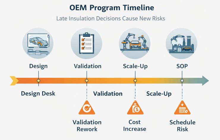 OEM program timeline showing insulation decision impact from design to SOP.