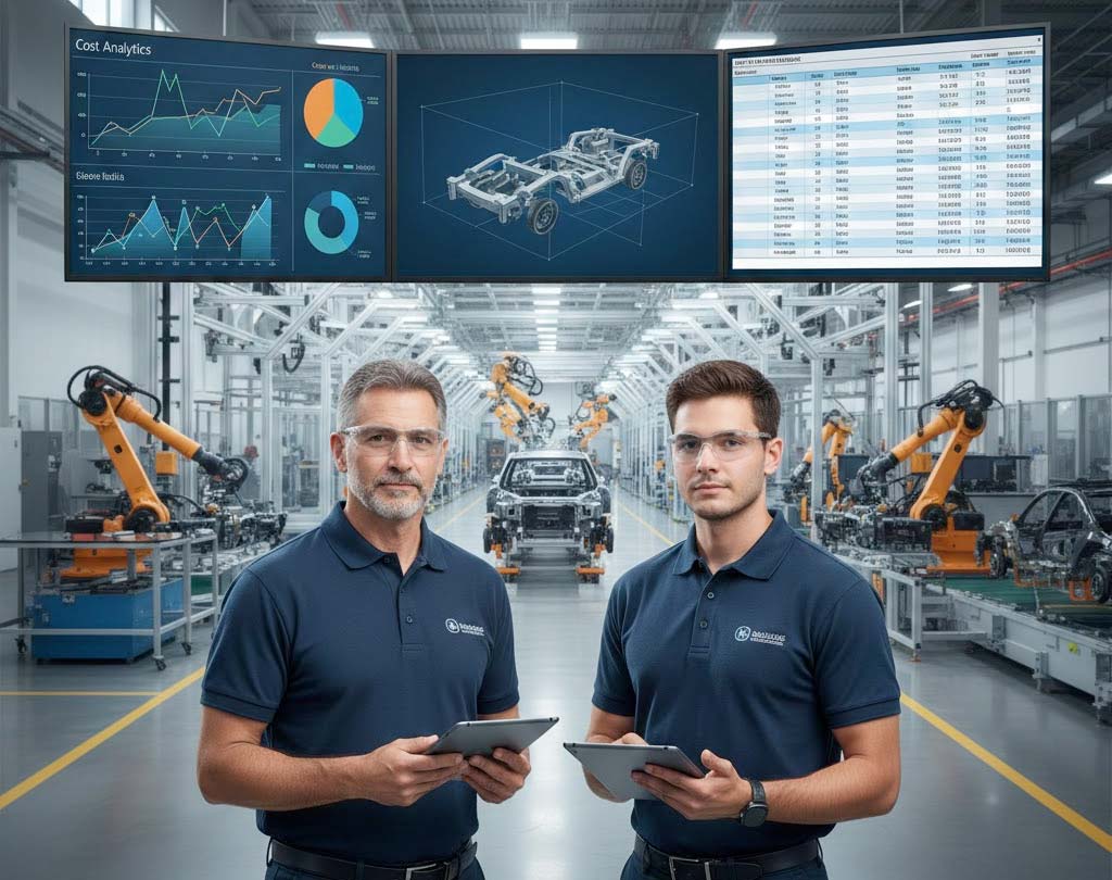 OEM manufacturing facility with digital dashboard showing BOM cost stability analytics after SOP