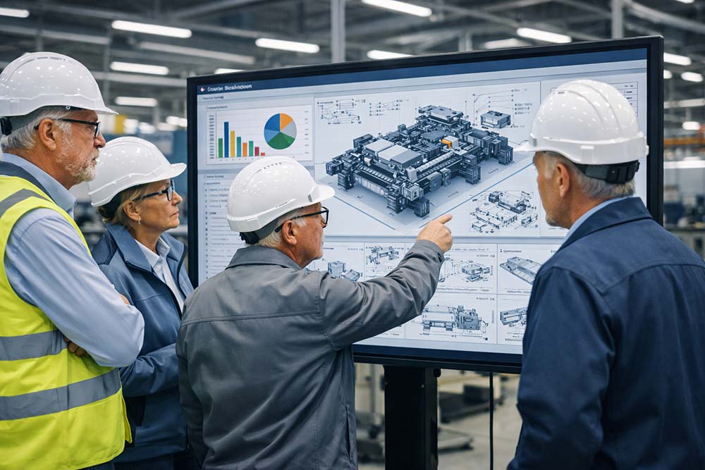 Engineering review meeting inside manufacturing facility, senior engineers reviewing platform architecture on large technical screen