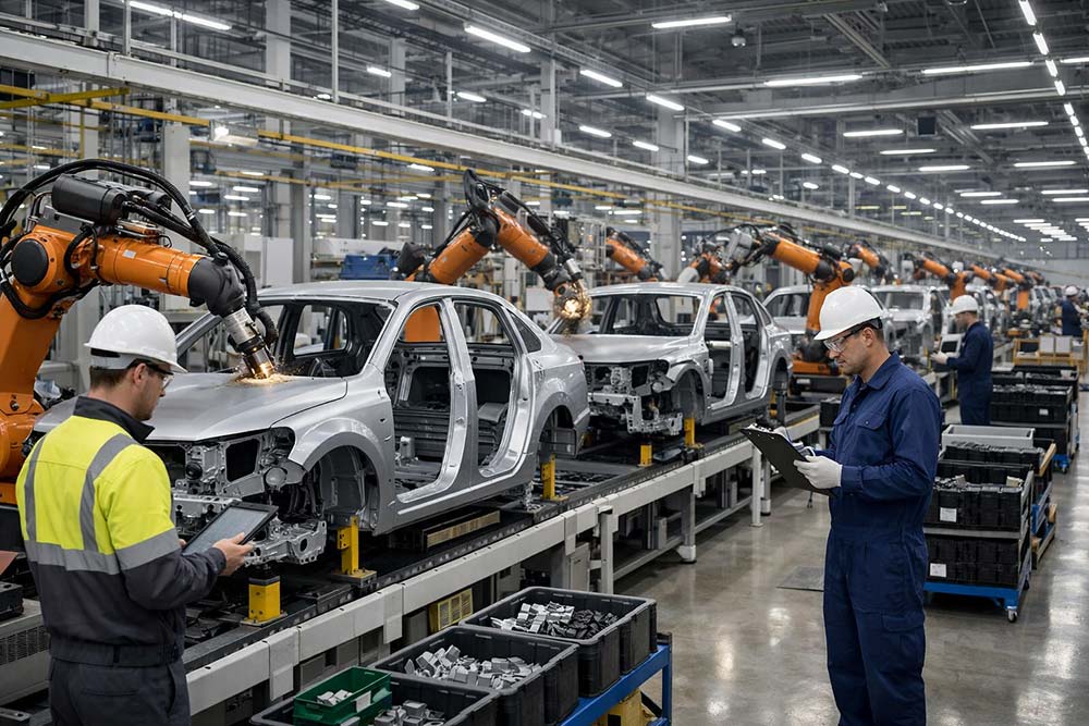 Automotive OEM production line illustrating SOP production cost at scale