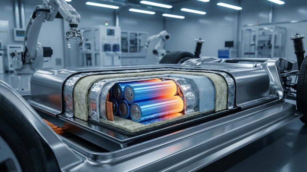 Cross-section of an EV battery pack showing thermal insulation layers