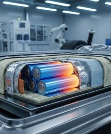 Cross-section of an EV battery pack showing thermal insulation layers