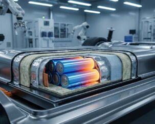 Cross-section of an EV battery pack showing thermal insulation layers