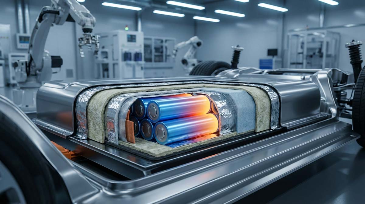 Cross-section of an EV battery pack showing thermal insulation layers
