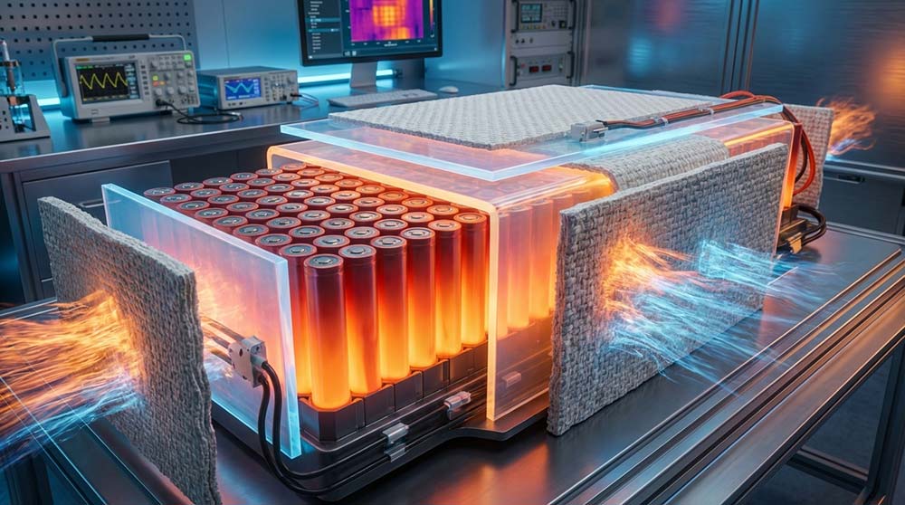 EV battery thermal insulation protecting lithium ion battery cells from heat transfer