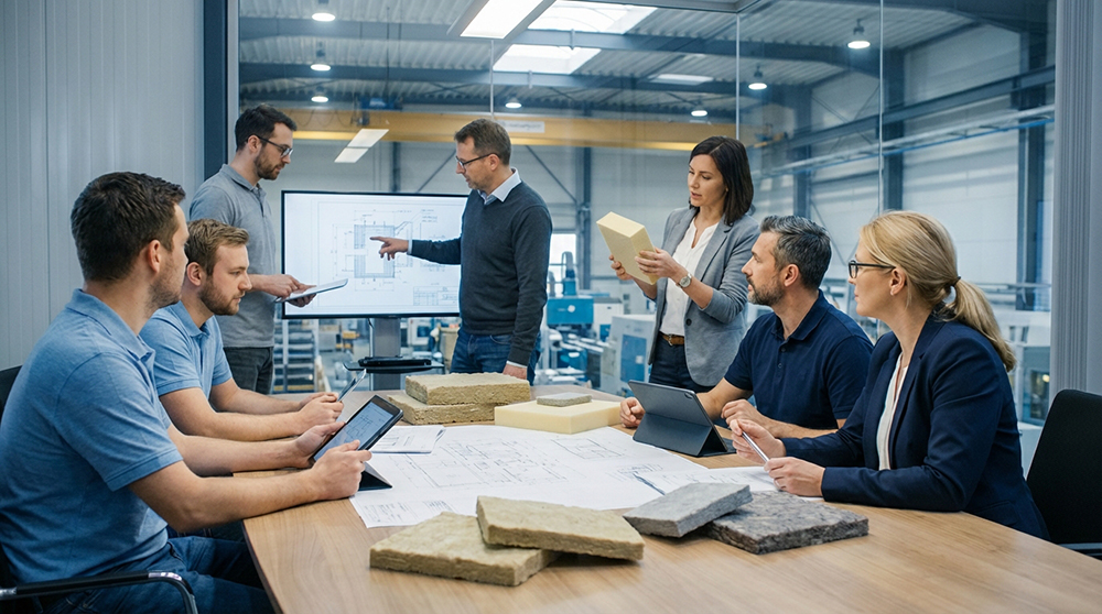 OEM engineers evaluating insulation materials during supplier selection meeting