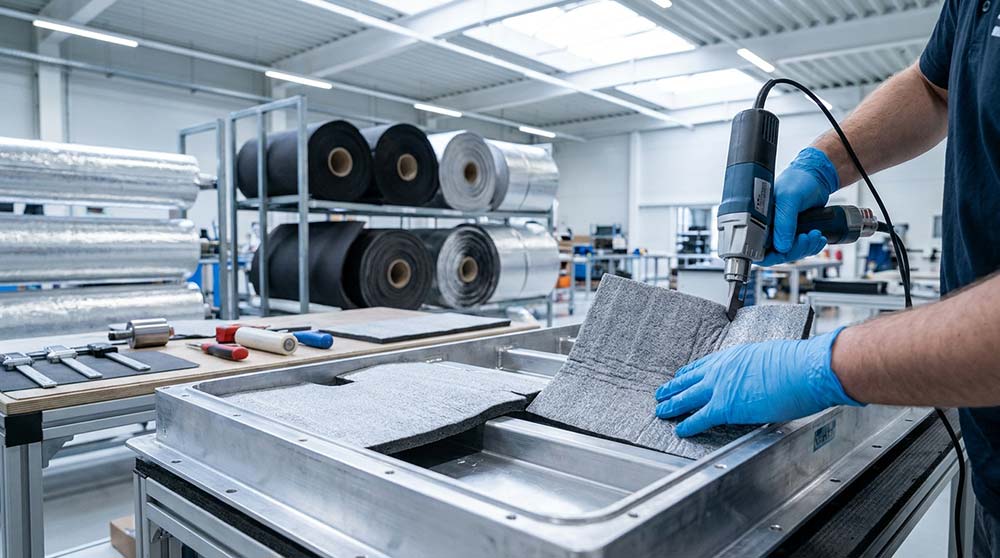 Technician installing EV battery insulation material in controlled manufacturing environment