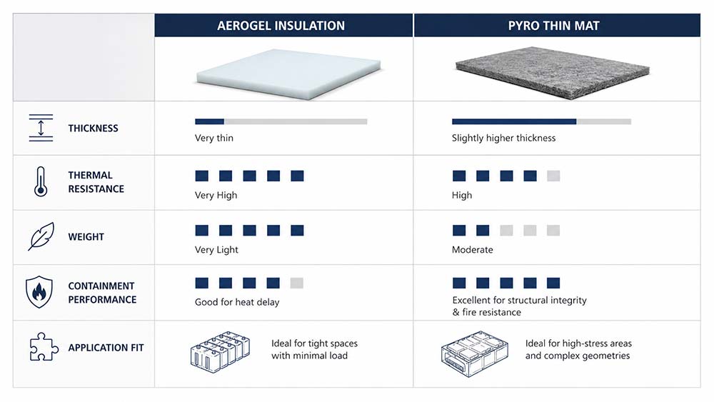 Aerogel vs pyro thin mat EV battery insulation performance comparison chart
