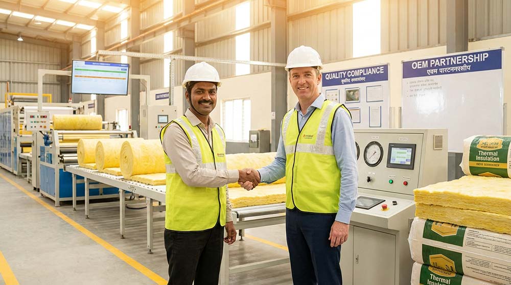 OEM representative and engineer reviewing insulation manufacturing quality compliance system