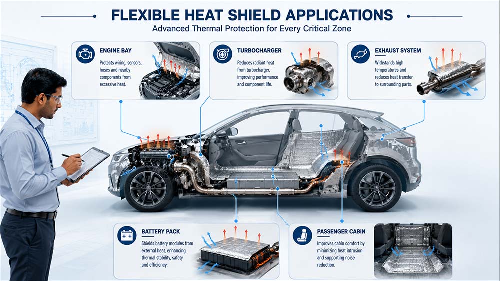 Flexible heat shield applications across automotive thermal protection zones