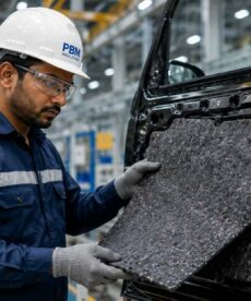 Engineer installing automotive sound insulation for OEM cabin noise reduction