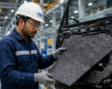 Engineer installing automotive sound insulation for OEM cabin noise reduction