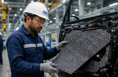 Engineer installing automotive sound insulation for OEM cabin noise reduction