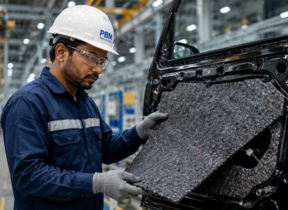 Engineer installing automotive sound insulation for OEM cabin noise reduction