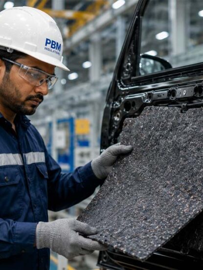 Engineer installing automotive sound insulation for OEM cabin noise reduction