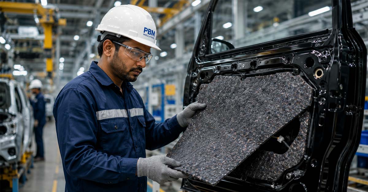 Engineer installing automotive sound insulation for OEM cabin noise reduction