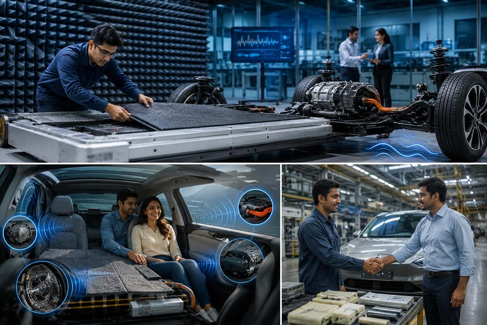 Engineer validating EV acoustic insulation performance during prototype testing and development process.