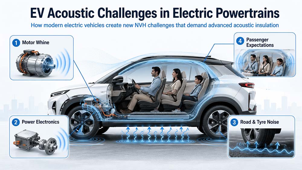 Infographic illustrating EV acoustic challenges across modern electric vehicle powertrain systems today.