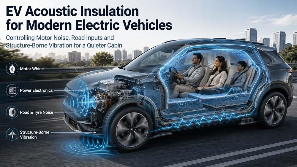 OEM engineers reviewing EV acoustic insulation solutions before production programme approval together.
