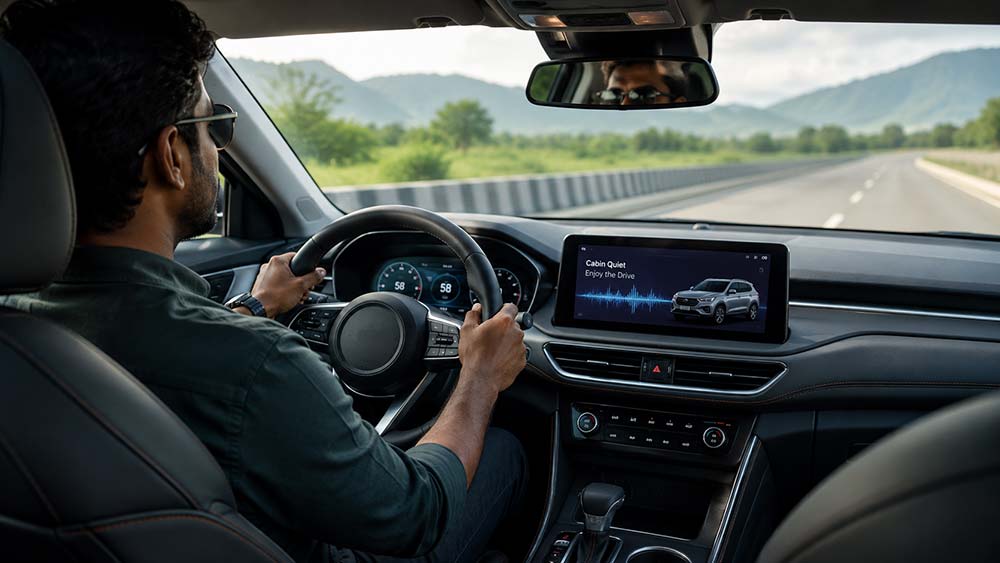 Driver experiencing quiet cabin with effective vehicle sound insulation materials