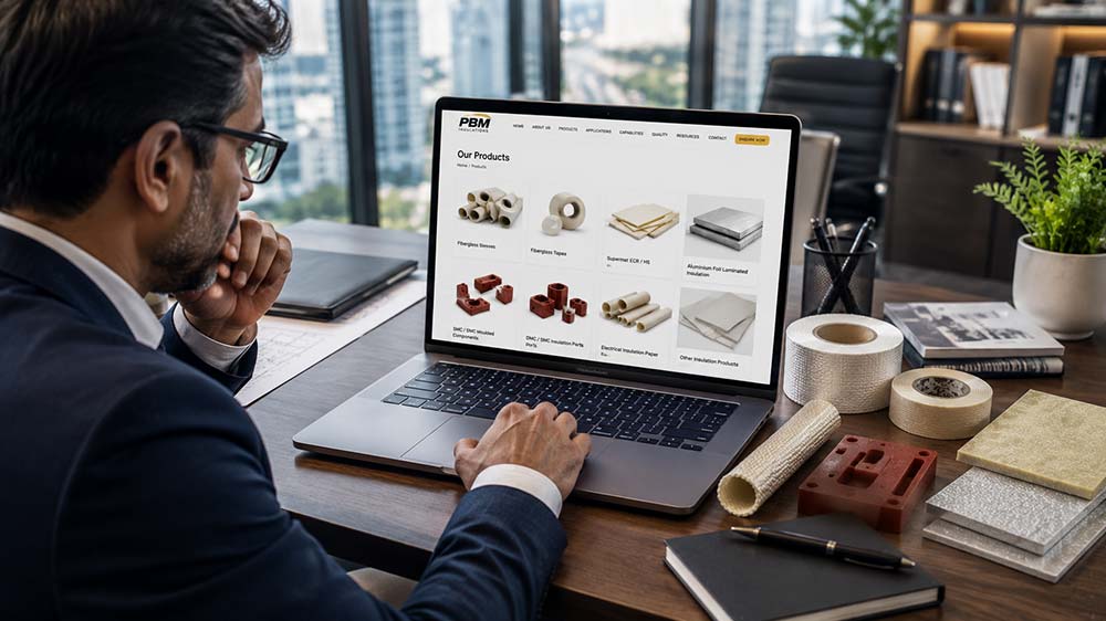 Engineer reviewing PBM electrical insulation products for transformer and switchgear applications