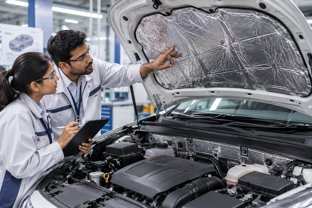 Indian engineers inspecting automotive glass wool engine bay insulation