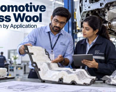 Automotive engineers reviewing glass wool insulation for vehicle applications