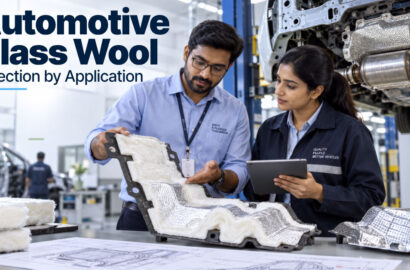 Automotive engineers reviewing glass wool insulation for vehicle applications