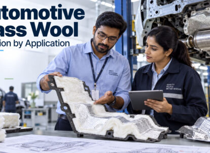Automotive engineers reviewing glass wool insulation for vehicle applications