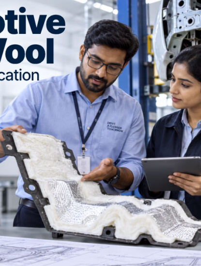 Automotive engineers reviewing glass wool insulation for vehicle applications