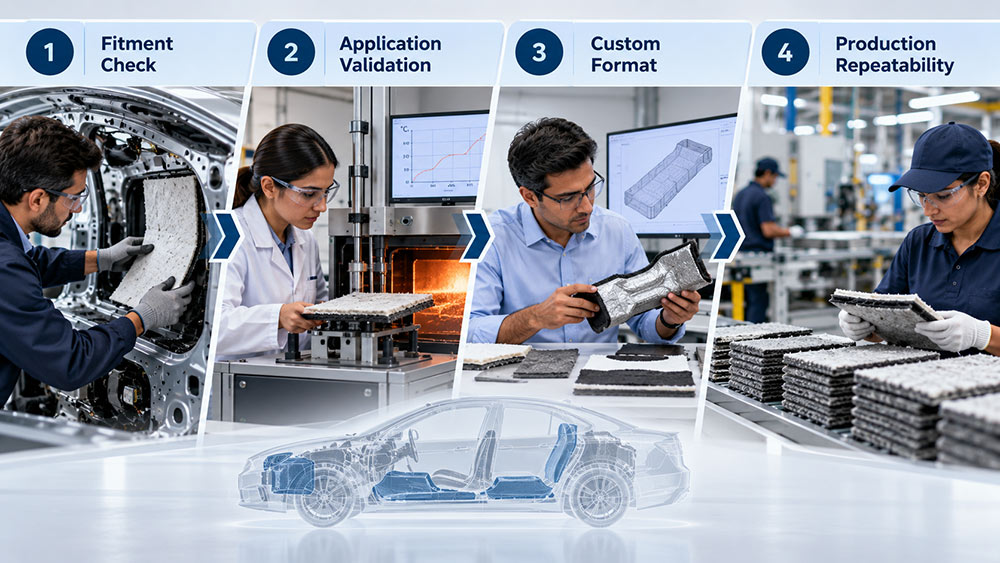 Engineers validating automotive insulation fitment and application suitability in vehicle.