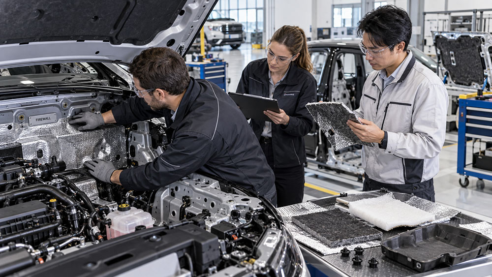 Engineers validating automotive insulation fitment and application suitability in vehicle.