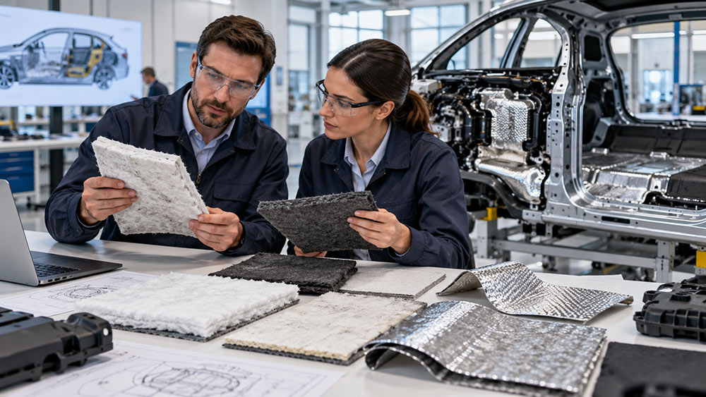 Engineers comparing automotive insulation materials for different vehicle applications.