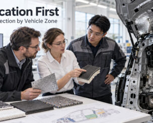 Engineers selecting automotive insulation materials for different vehicle application zones.