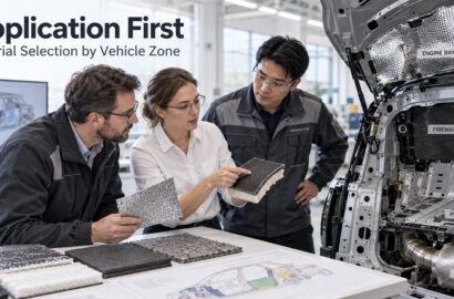 Engineers selecting automotive insulation materials for different vehicle application zones.