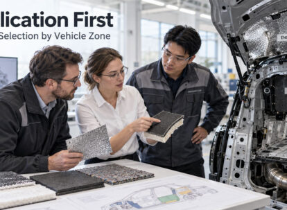 Engineers selecting automotive insulation materials for different vehicle application zones.