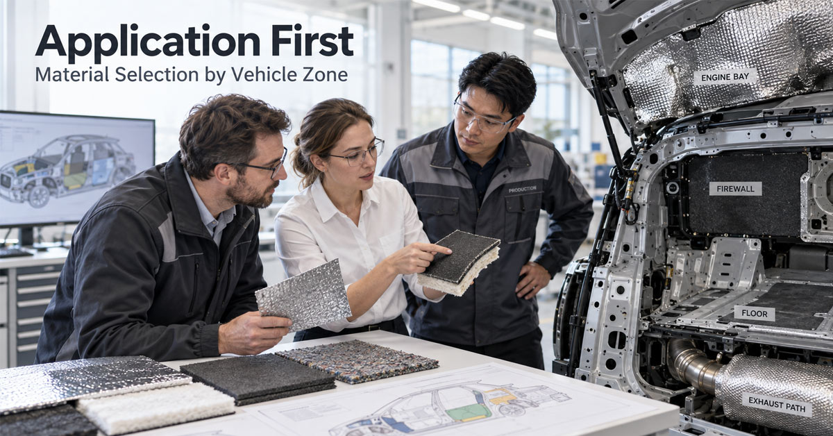 Engineers selecting automotive insulation materials for different vehicle application zones.