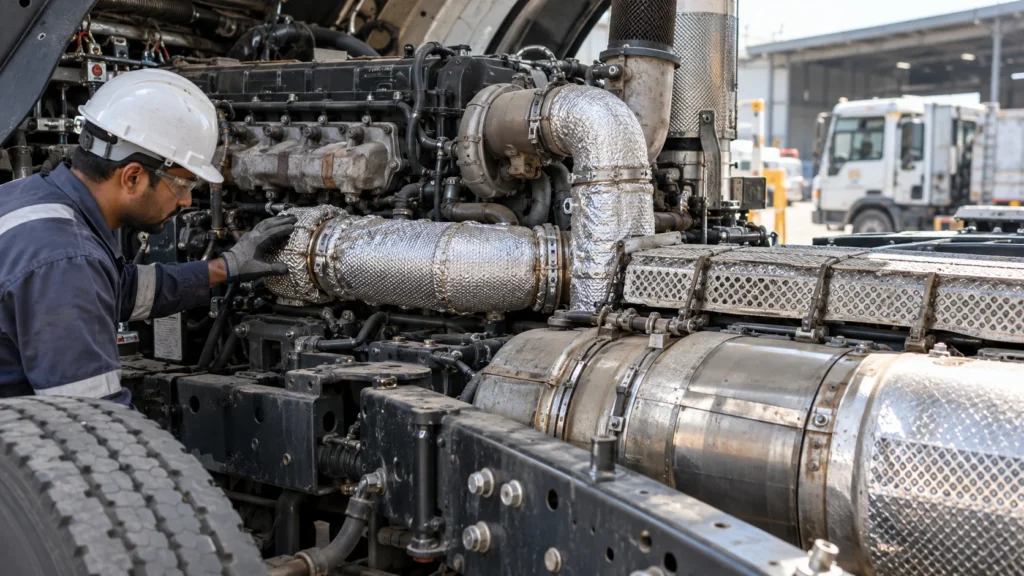 Indian engineer inspecting heavy-duty exhaust heat shield insulation system.