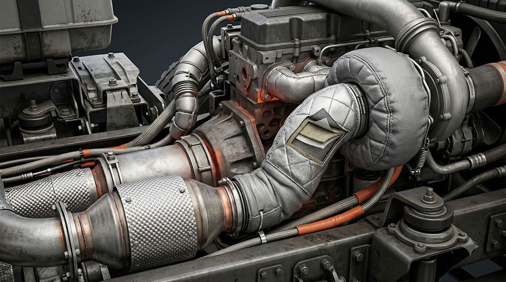 Heavy-duty exhaust system with insulated turbocharger, pipes and protective blankets.