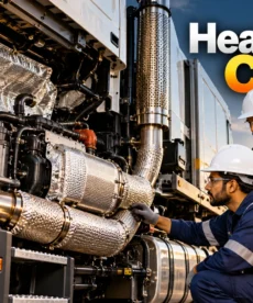 Indian engineers inspect heavy-duty vehicle insulation around engine bay exhaust systems.