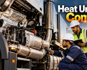 Indian engineers inspect heavy-duty vehicle insulation around engine bay exhaust systems.