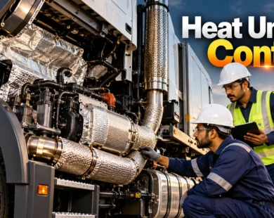 Indian engineers inspect heavy-duty vehicle insulation around engine bay exhaust systems.